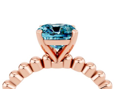 Rose gold Cushion Cut Blue Topaz Solitaire Ring with Beaded Band and Prong Setting_4