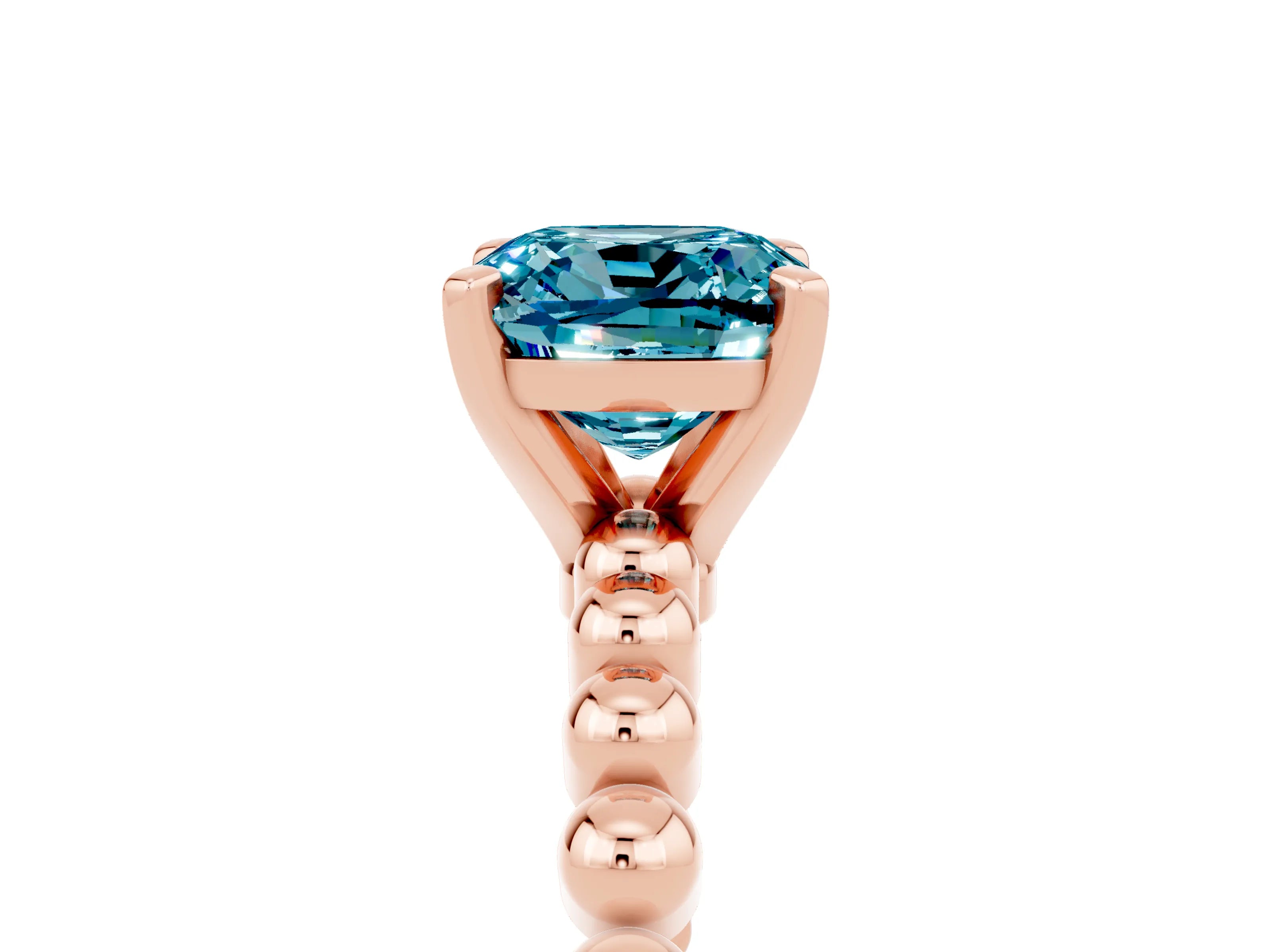 Rose gold Cushion Cut Blue Topaz Solitaire Ring with Beaded Band and Prong Setting_5