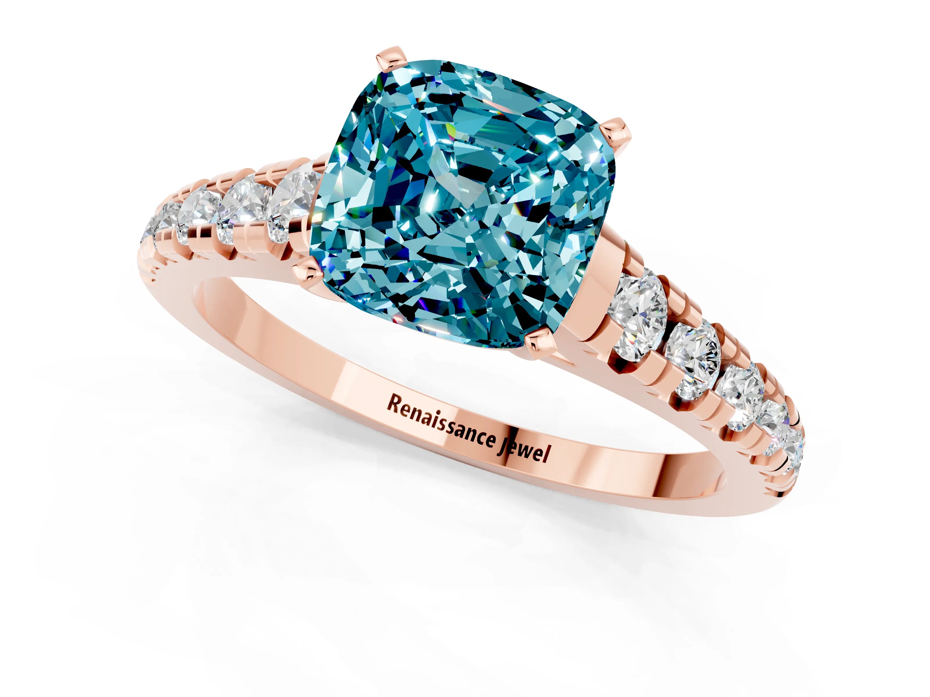 Rose gold Cushion Cut Blue Topaz Solitaire Ring with Cathedral Setting and Pavé Band_1