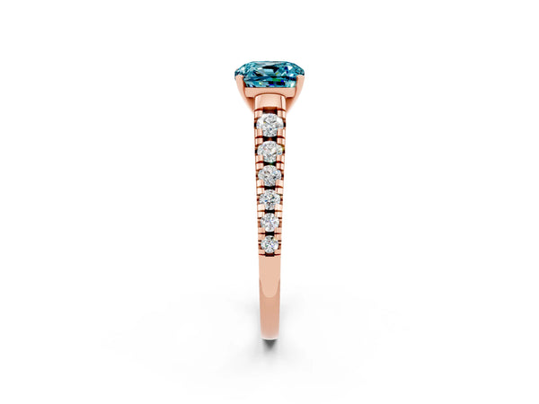 Rose gold Cushion Cut Blue Topaz Cathedral Solitaire Ring with Round  Pavé Band