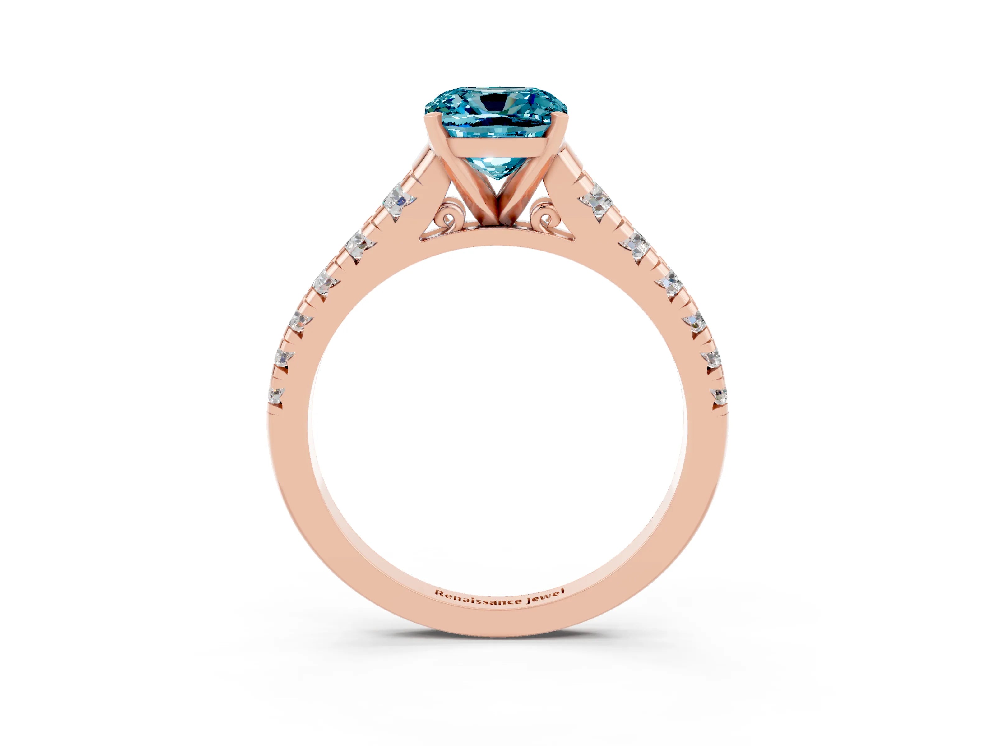 Rose gold Cushion Cut Blue Topaz Solitaire Ring with Cathedral Setting and Pavé Band_3