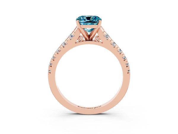 Rose gold Cushion Cut Blue Topaz Cathedral Solitaire Ring with Round  Pavé Band