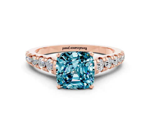 Rose gold Cushion Cut Blue Topaz Solitaire Ring with Cathedral Setting and Pavé Band