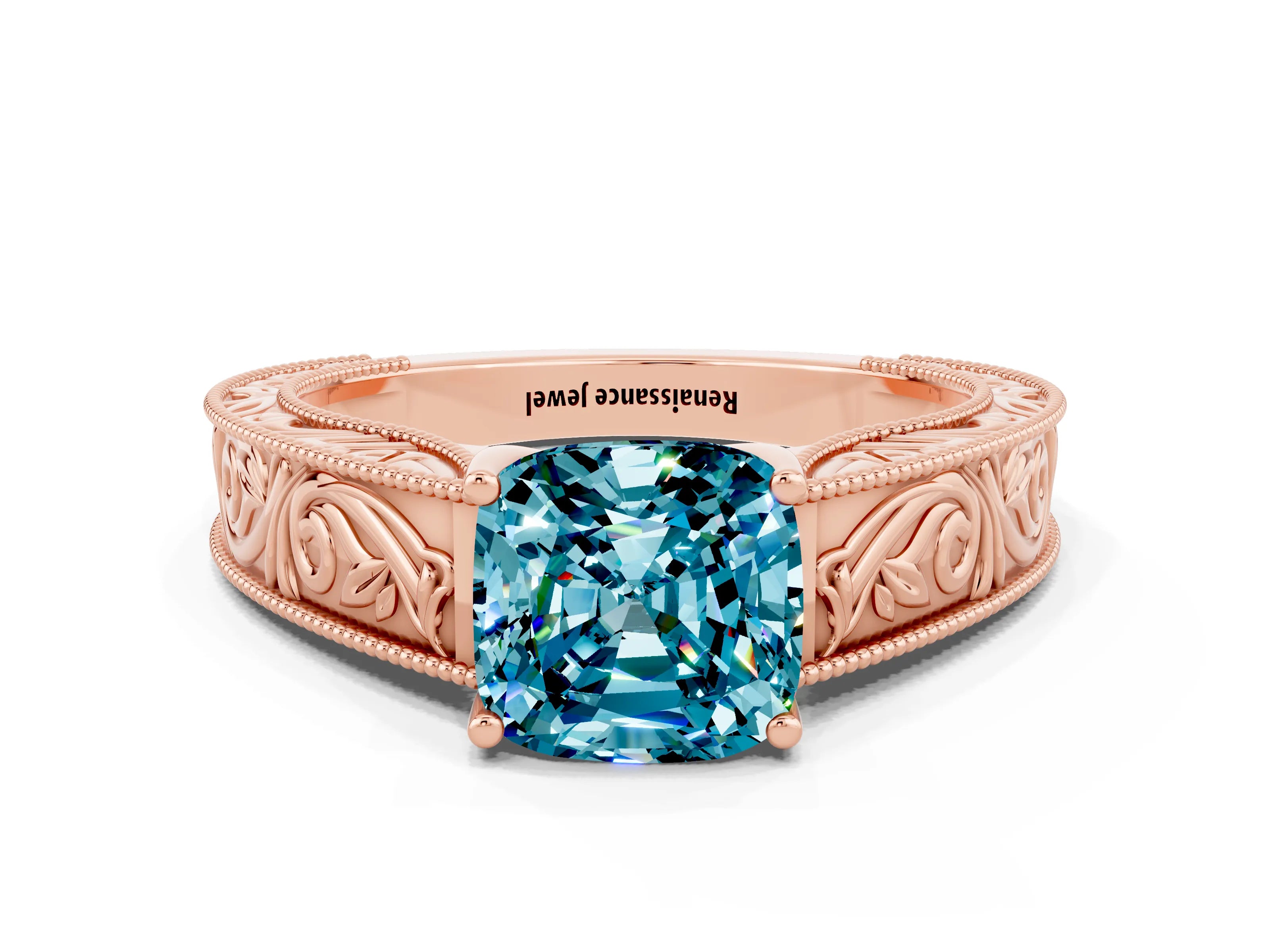 Rose gold Cushion Cut Blue Topaz Solitaire Ring with Engraved Band and Four-Prong Setting