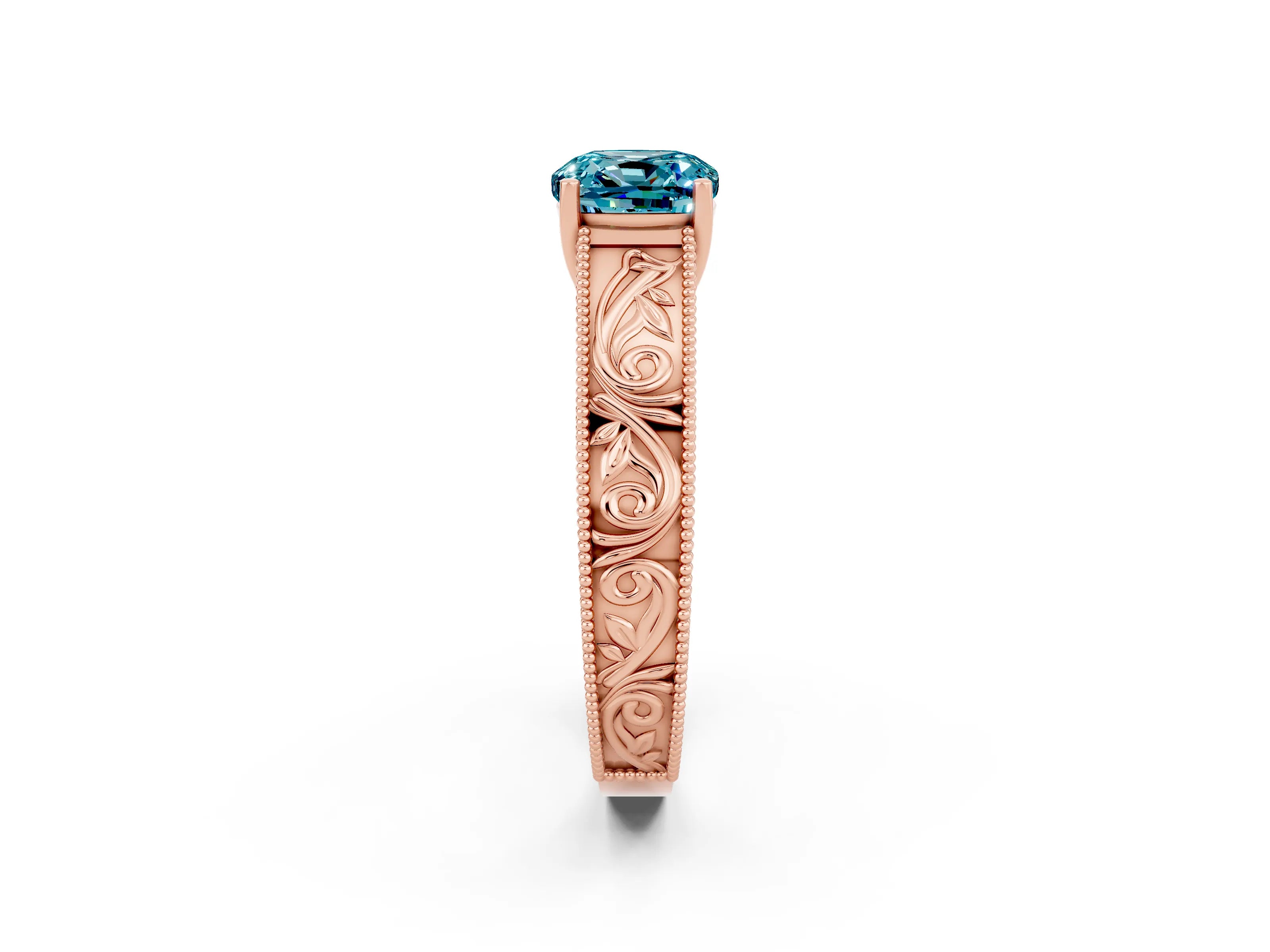 Rose gold Cushion Cut Blue Topaz Solitaire Ring with Engraved Band and Four-Prong Setting_2