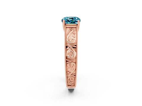 Rose gold Cushion Cut Blue Topaz Solitaire Ring with Engraved Band and Four-Prong Setting_2