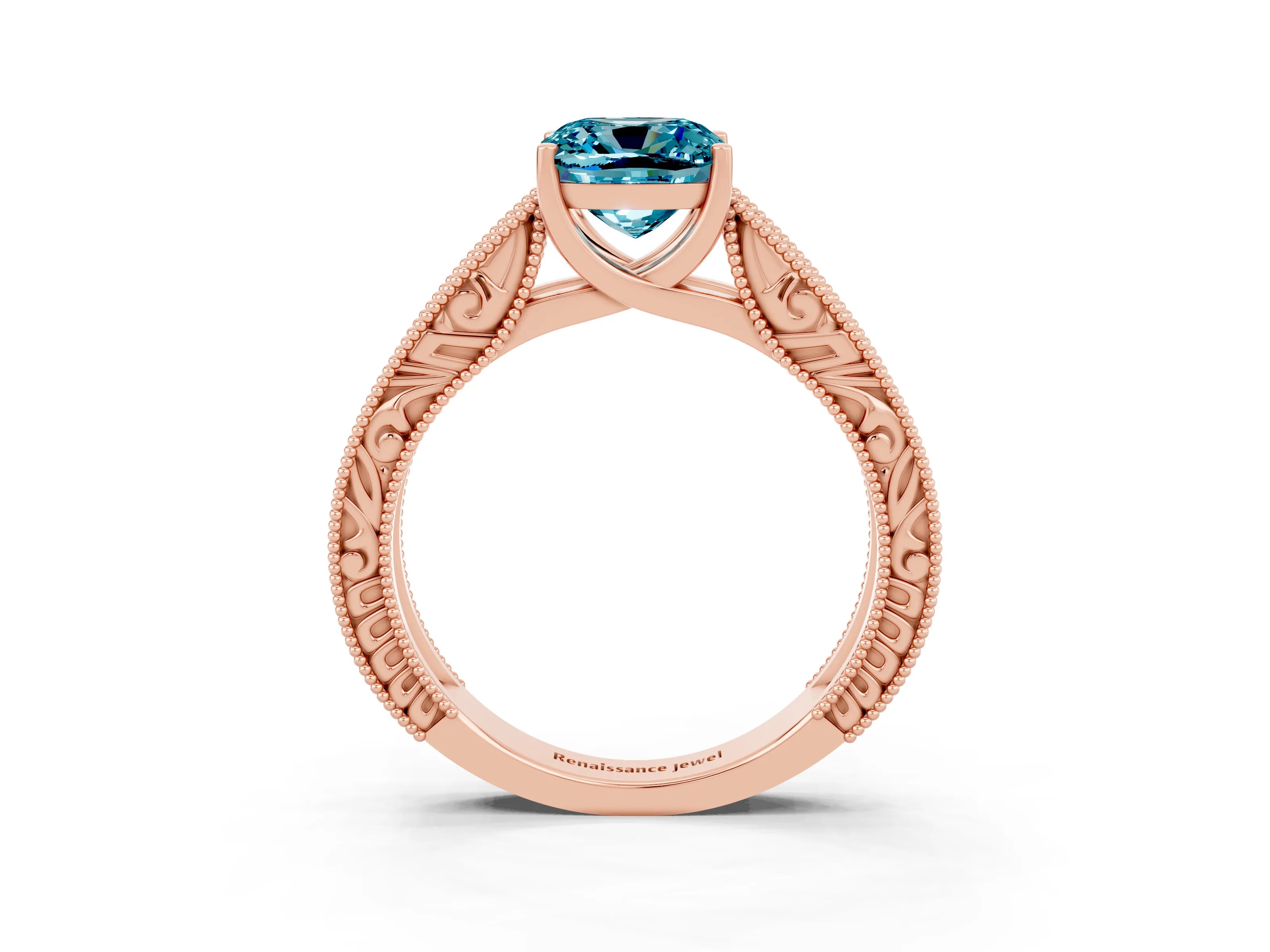 Rose gold Cushion Cut Blue Topaz Solitaire Ring with Engraved Band and Four-Prong Setting_3