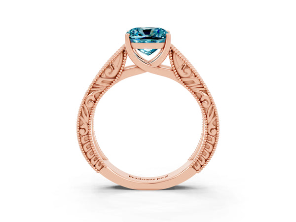 Rose gold Cushion Cut Blue Topaz Solitaire Ring with Engraved Band and Four-Prong Setting