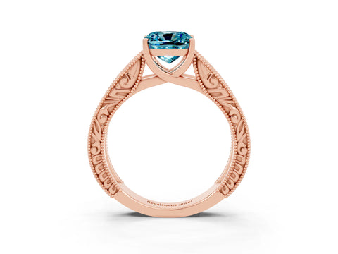 Rose gold Cushion Cut Blue Topaz Solitaire Ring with Engraved Band and Four-Prong Setting_3