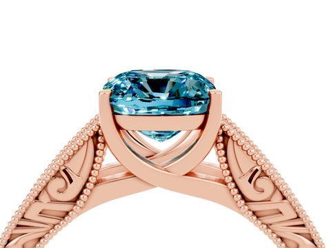 Rose gold Cushion Cut Blue Topaz Solitaire Ring with Engraved Band and Four-Prong Setting_4