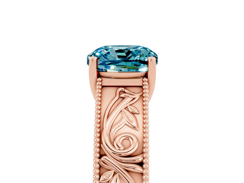 Rose gold Cushion Cut Blue Topaz Solitaire Ring with Engraved Band and Four-Prong Setting_5