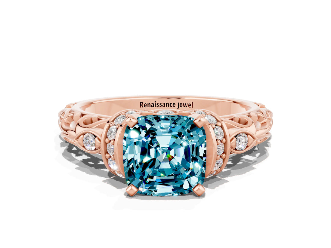 Rose gold Cushion Cut Blue Topaz Solitaire Ring with Filigree Band and Four-Prong Setting_24