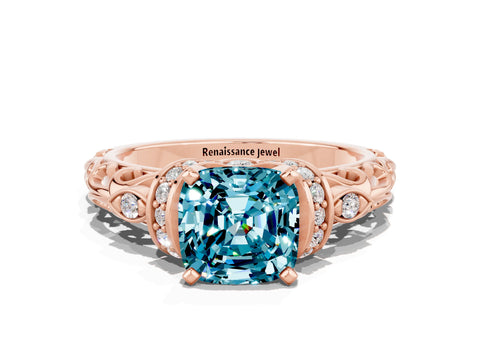 Rose gold Cushion Cut Blue Topaz Solitaire Ring with Filigree Band and Four-Prong Setting_24