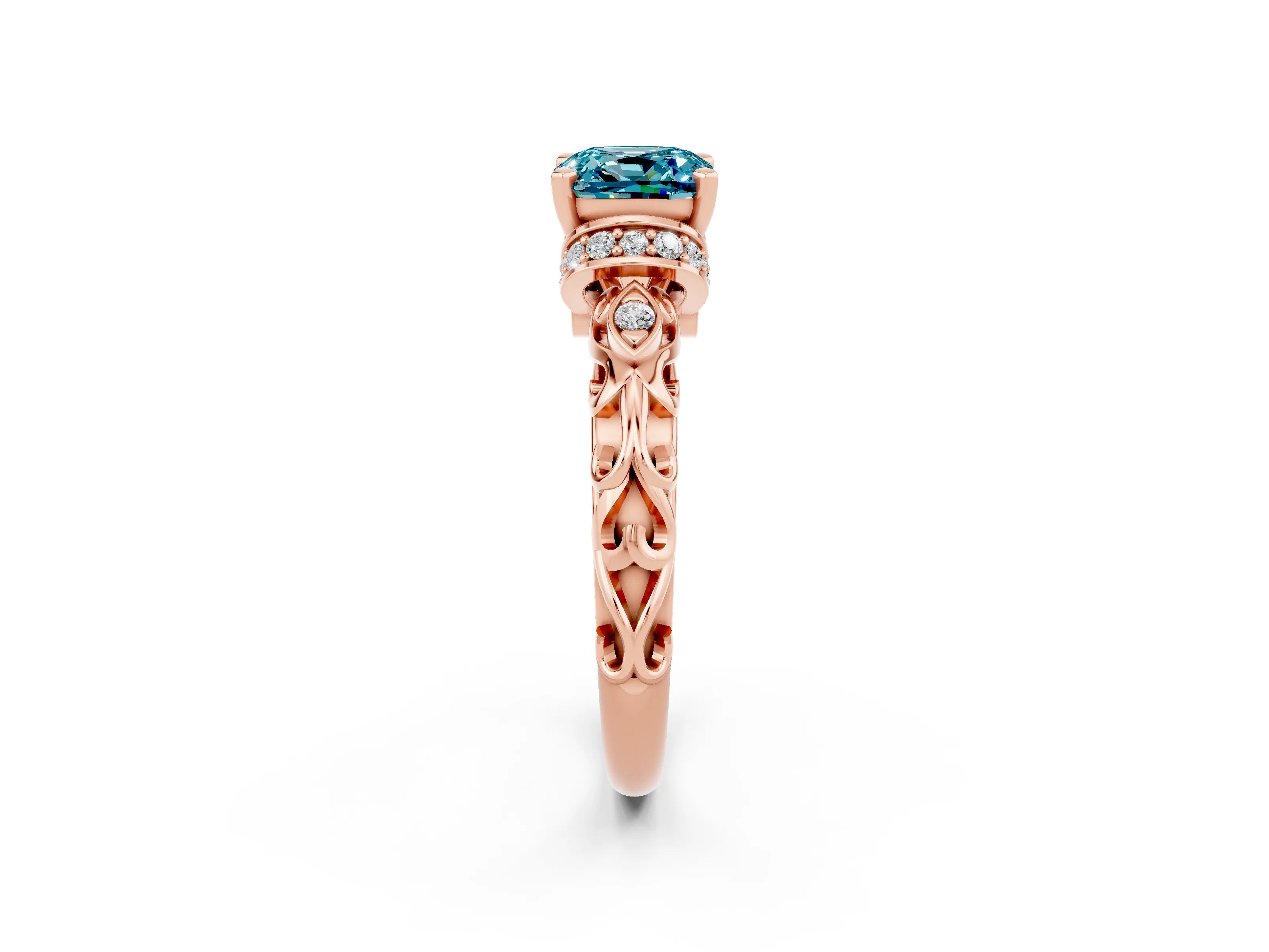 Rose gold Cushion Cut Blue Topaz Solitaire Ring with Filigree Band and Four-Prong Setting_26