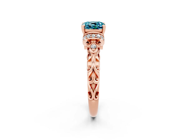 Rose gold Cushion Cut Blue Topaz Solitaire Ring with Filigree Band and Four-Prong Setting