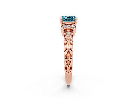 Rose gold Cushion Cut Blue Topaz Solitaire Ring with Filigree Band and Four-Prong Setting_26
