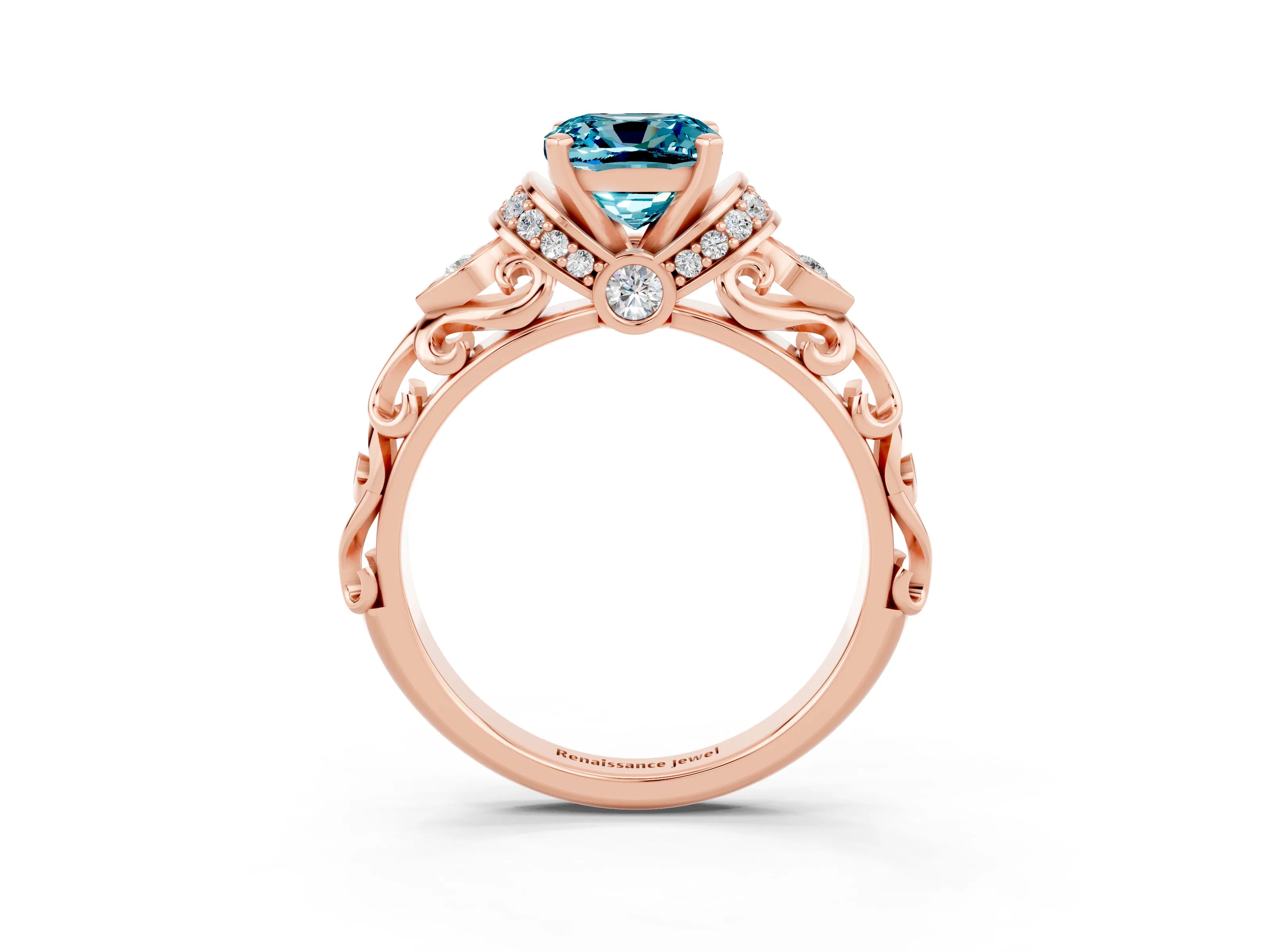 Rose gold Cushion Cut Blue Topaz Solitaire Ring with Filigree Band and Four-Prong Setting_27