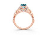 Rose gold Cushion Cut Blue Topaz Solitaire Ring with Filigree Band and Four-Prong Setting_27