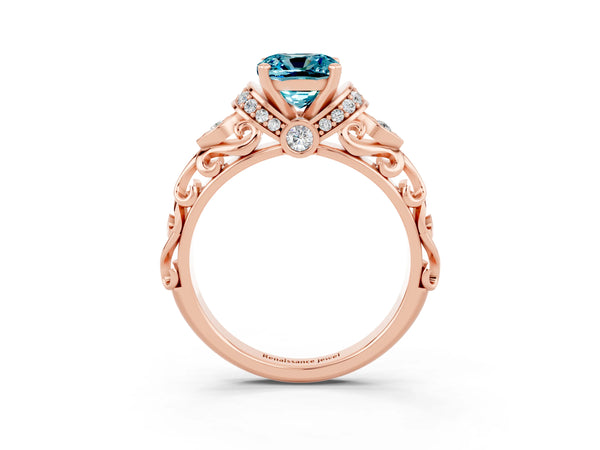 Rose gold Cushion Cut Blue Topaz Solitaire Ring with Filigree Band and Four-Prong Setting