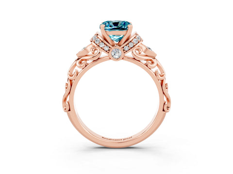 Rose gold Cushion Cut Blue Topaz Solitaire Ring with Filigree Band and Four-Prong Setting_27