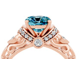 Rose gold Cushion Cut Blue Topaz Solitaire Ring with Filigree Band and Four-Prong Setting_28