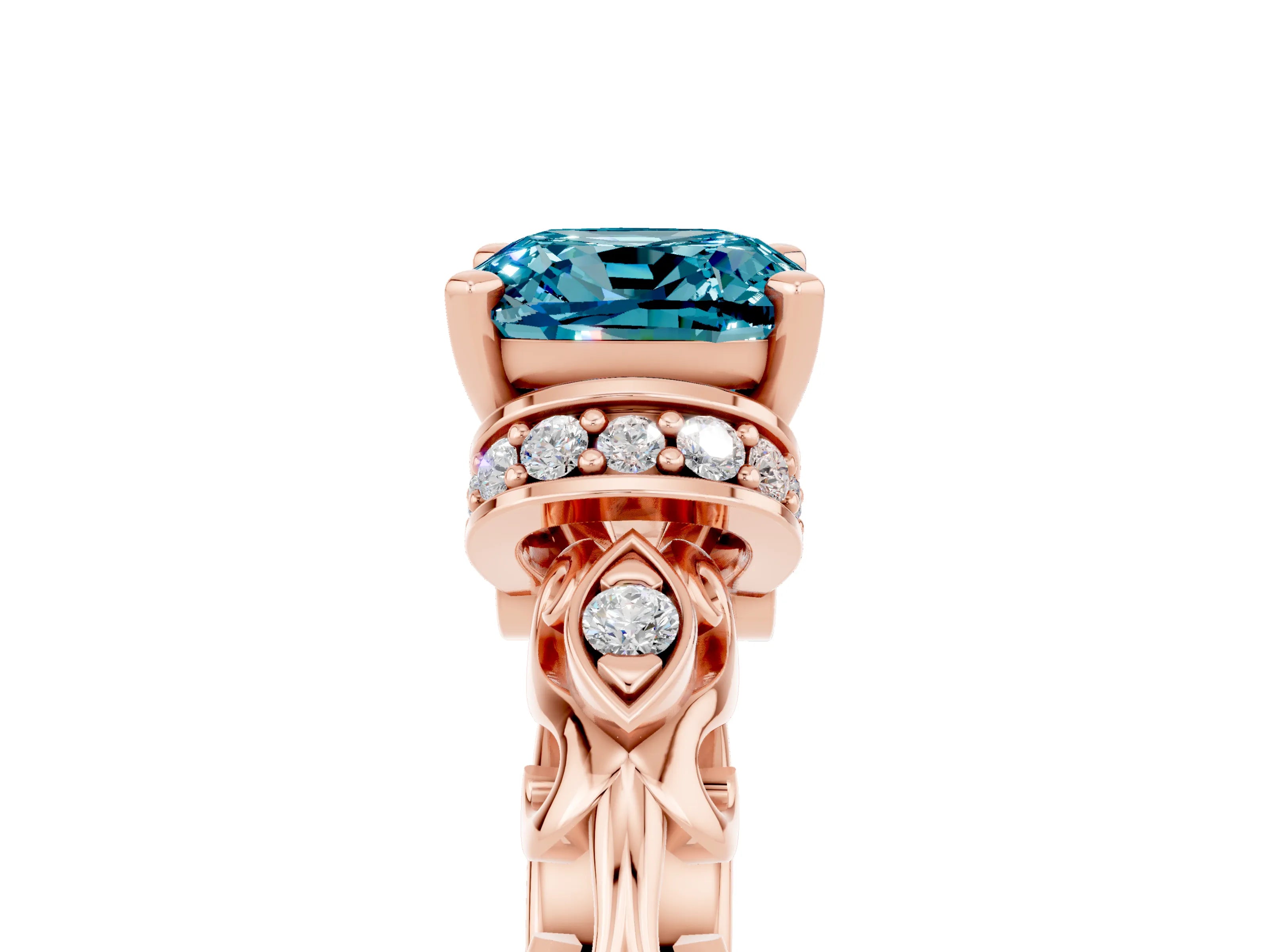 Rose gold Cushion Cut Blue Topaz Solitaire Ring with Filigree Band and Four-Prong Setting_29