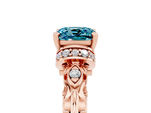 Rose gold Cushion Cut Blue Topaz Solitaire Ring with Filigree Band and Four-Prong Setting_29