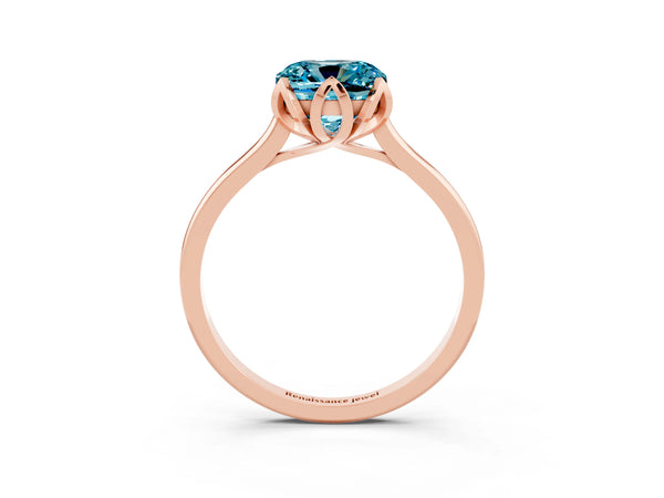Rose gold Cushion Cut Blue Topaz Solitaire Ring with Flower Prong Setting and Classic Band