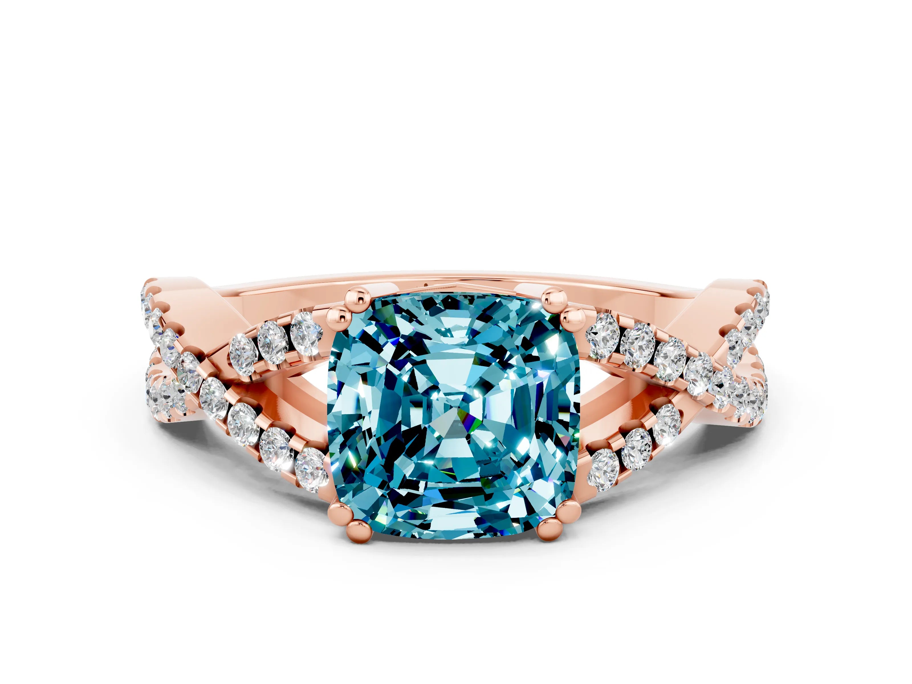 Rose gold Cushion Cut Blue Topaz Solitaire Ring with Four-Prong Setting and Twisted Pavé Band