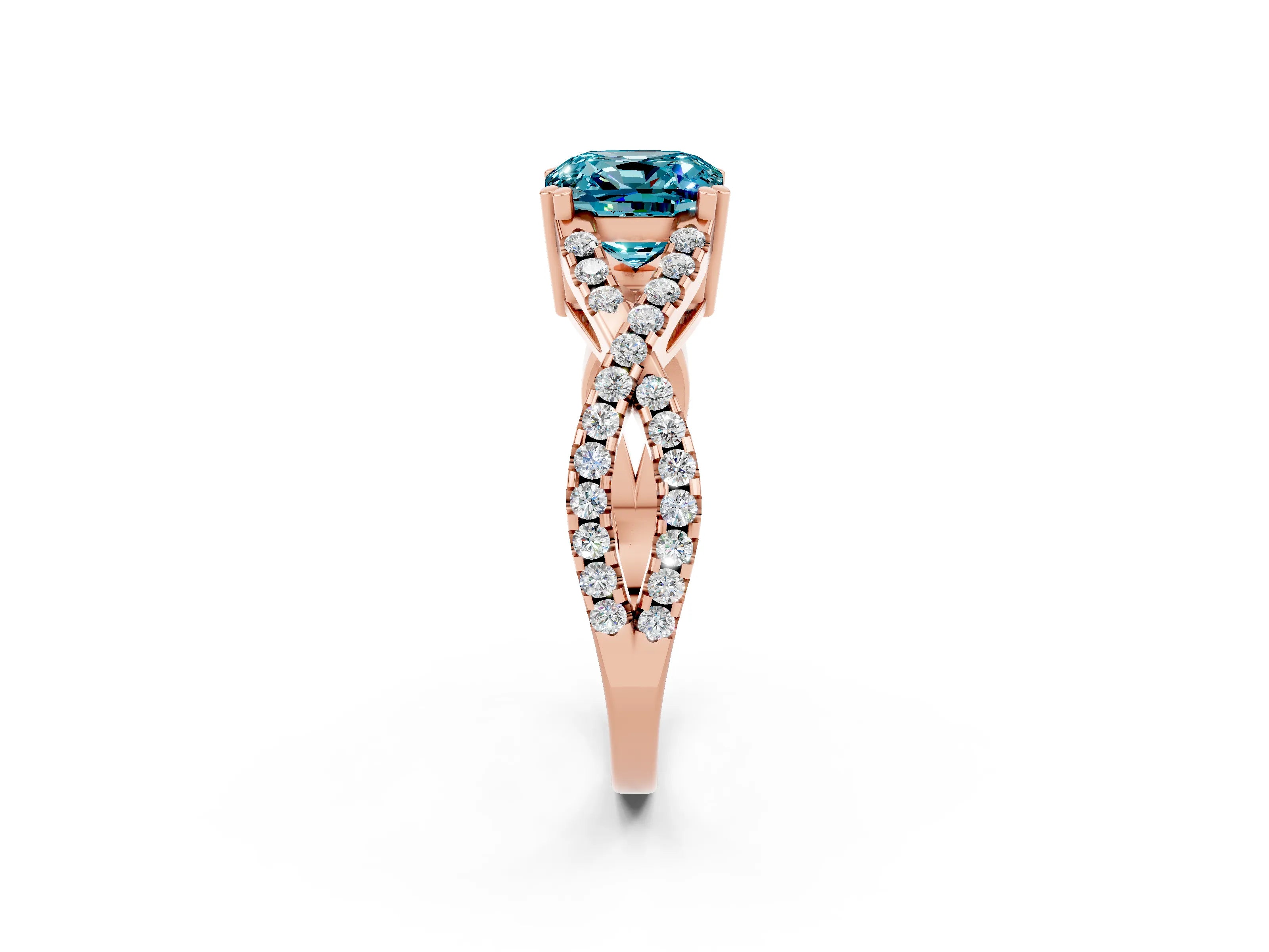 Rose gold Cushion Cut Blue Topaz Solitaire Ring with Four-Prong Setting and Twisted Pavé Band_2