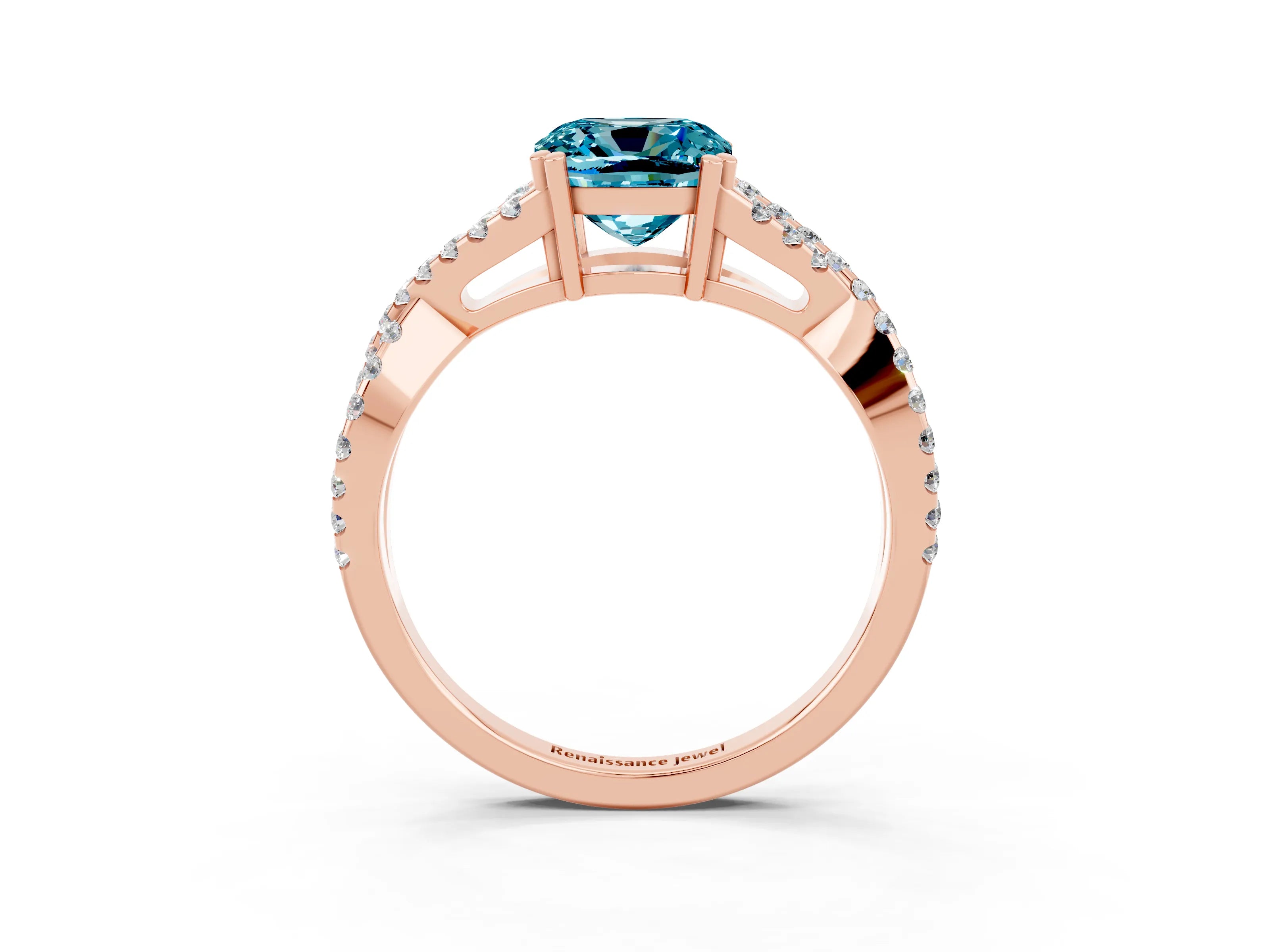 Rose gold Cushion Cut Blue Topaz Solitaire Ring with Four-Prong Setting and Twisted Pavé Band_3