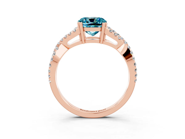 Rose gold Cushion Cut Blue Topaz Solitaire Ring with Four-Prong Setting and Twisted Pavé Band