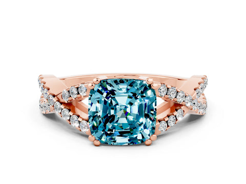 Rose gold Cushion Cut Blue Topaz Solitaire Ring with Four-Prong Setting and Twisted Pavé Band