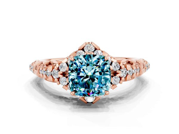 Rose gold Cushion Cut Blue Topaz Solitaire Ring with Hidden Halo and Pavé Band