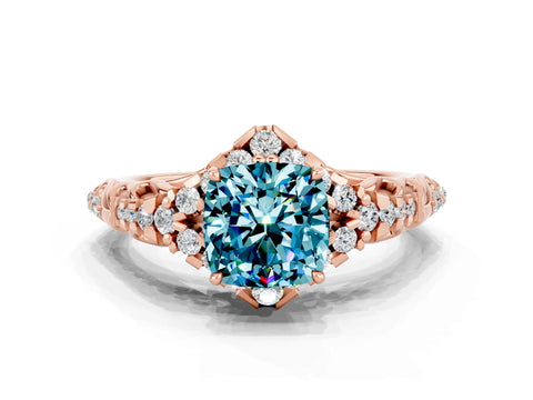Rose gold Cushion Cut Blue Topaz Solitaire Ring with Hidden Halo and Pavé Band_12