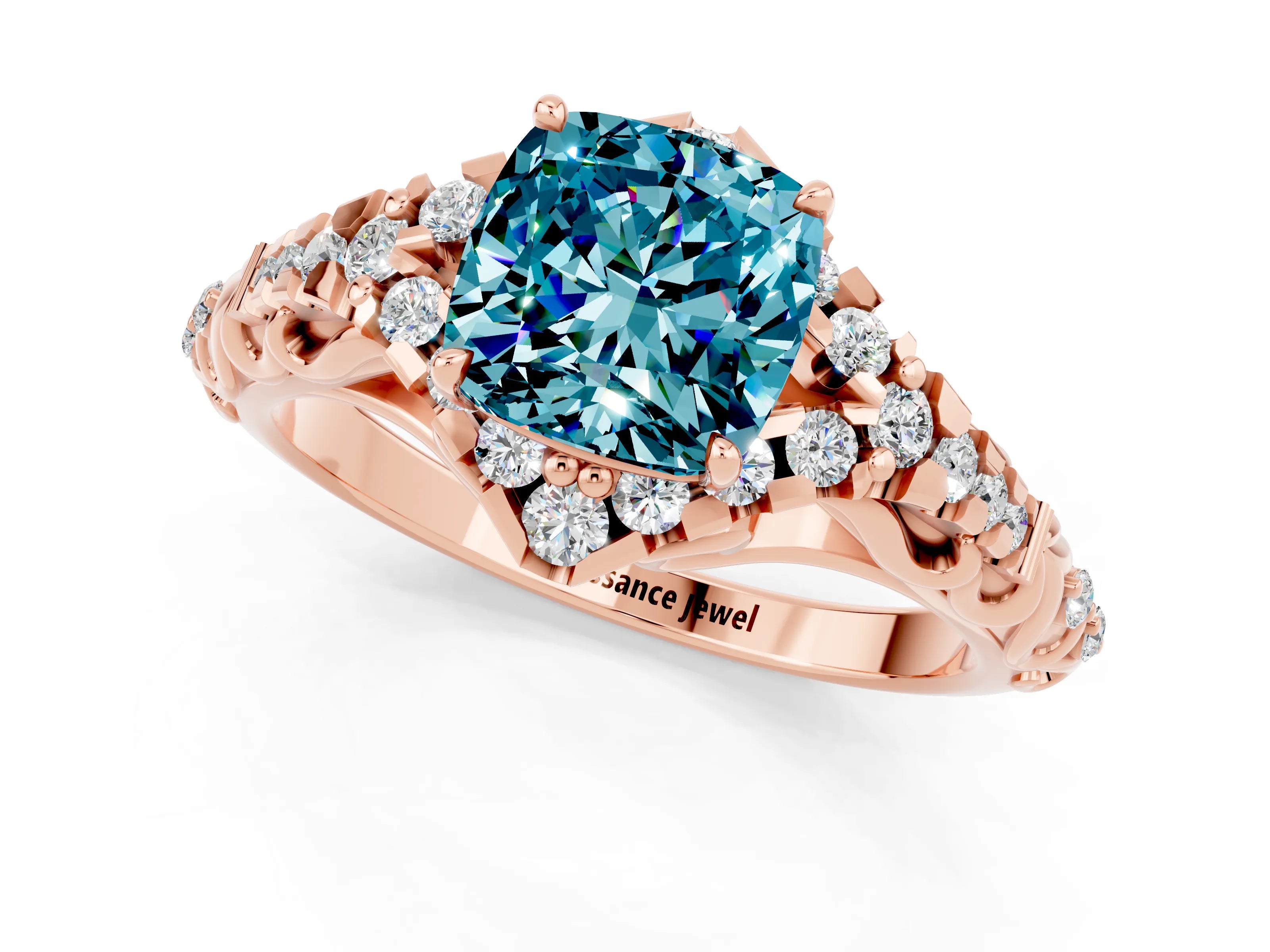 Rose gold Cushion Cut Blue Topaz Solitaire Ring with Hidden Halo and Pavé Band_13