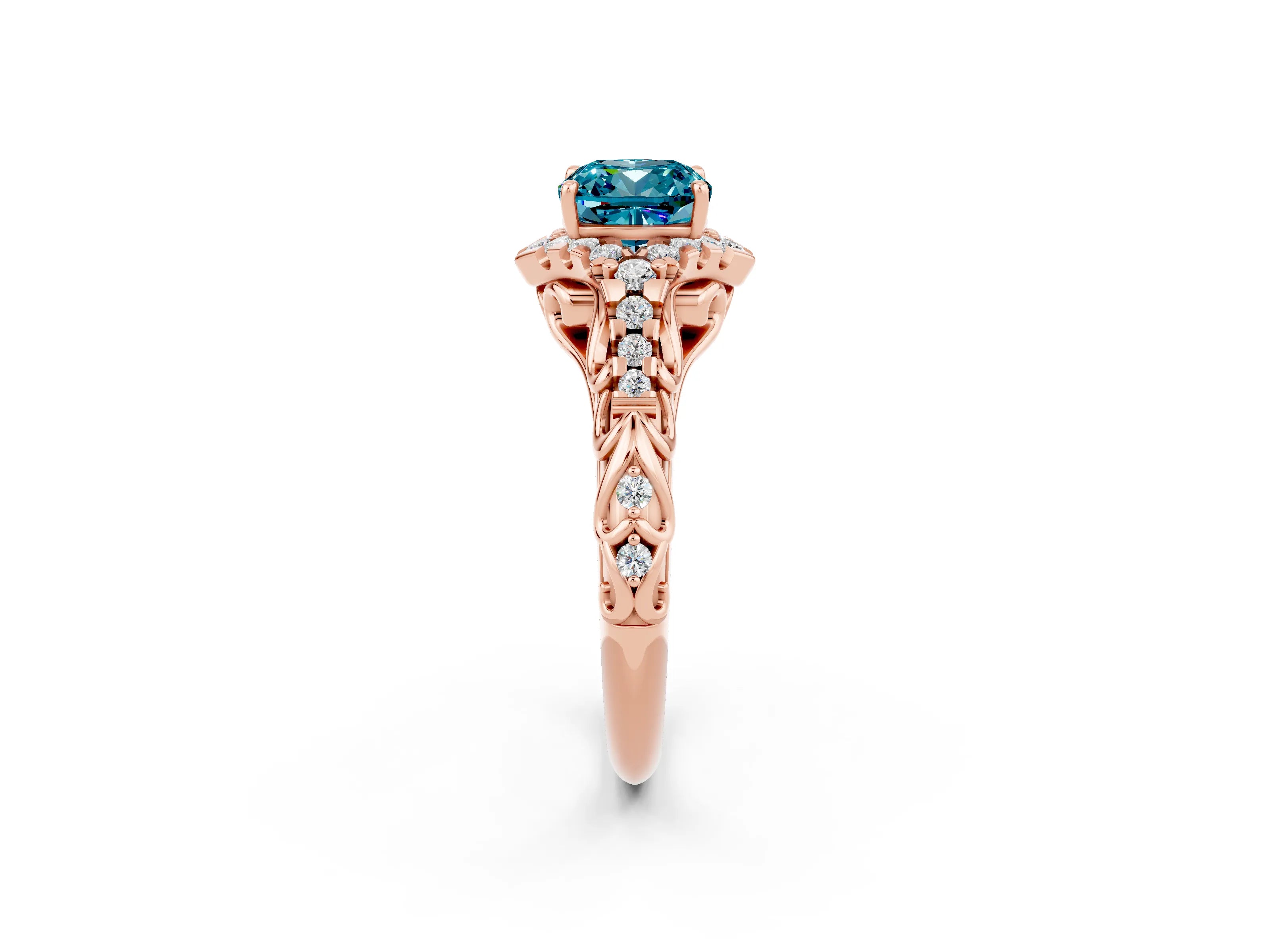 Rose gold Cushion Cut Blue Topaz Solitaire Ring with Hidden Halo and Pavé Band_14