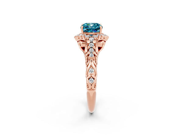 Rose gold Cushion Cut Blue Topaz Solitaire Ring with Hidden Halo and Pavé Band