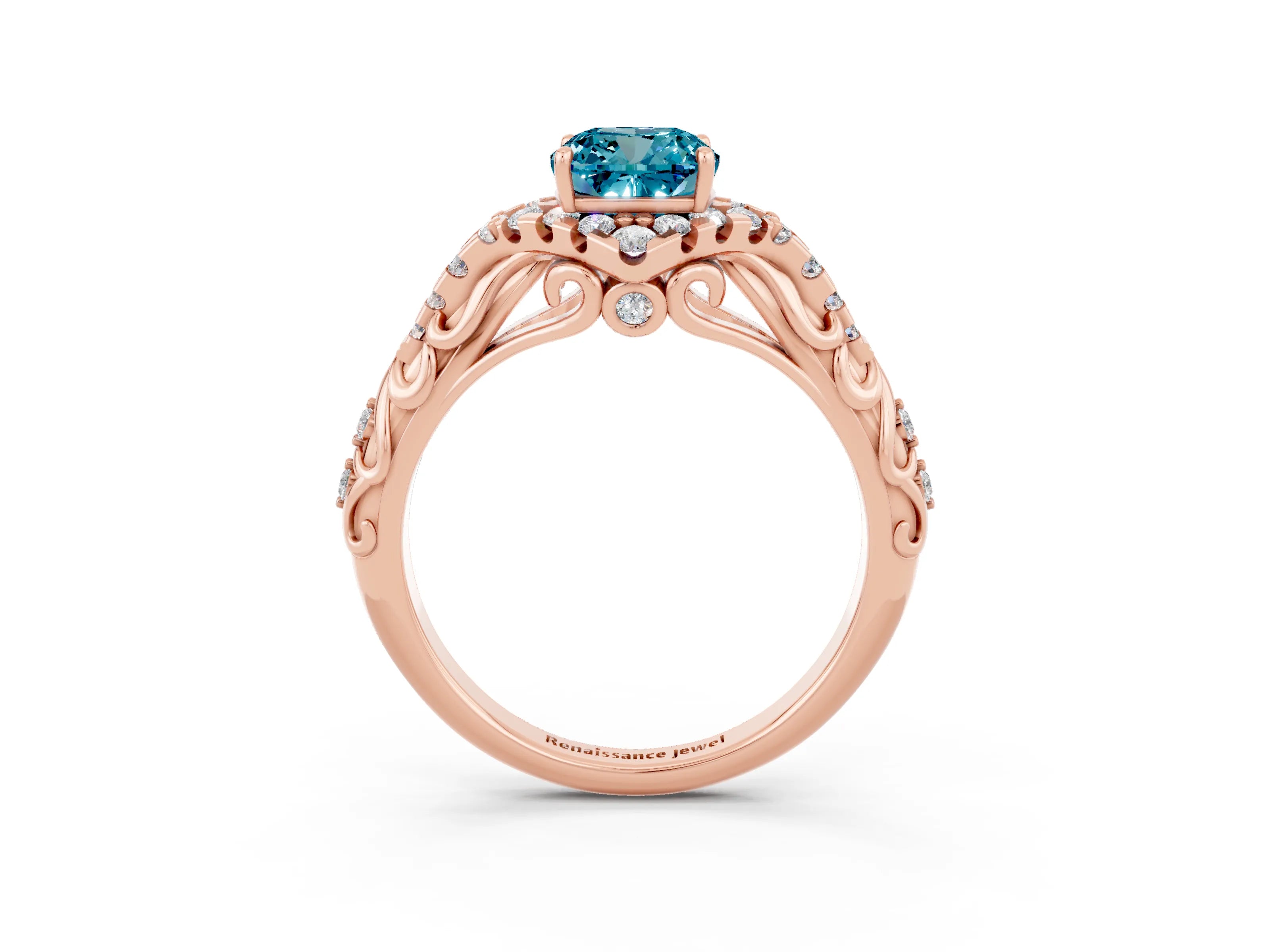 Rose gold Cushion Cut Blue Topaz Solitaire Ring with Hidden Halo and Pavé Band_15