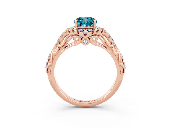 Rose gold Cushion Cut Blue Topaz Solitaire Ring with Hidden Halo and Pavé Band