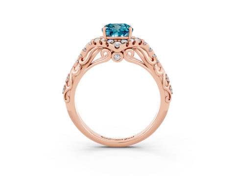 Rose gold Cushion Cut Blue Topaz Solitaire Ring with Hidden Halo and Pavé Band_15