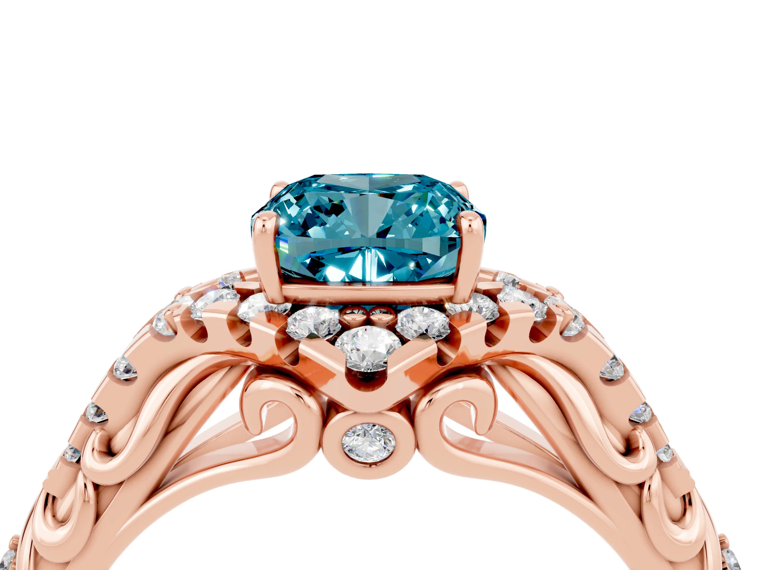 Rose gold Cushion Cut Blue Topaz Solitaire Ring with Hidden Halo and Pavé Band_16
