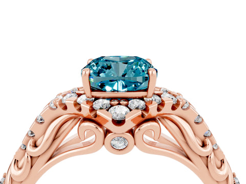 Rose gold Cushion Cut Blue Topaz Solitaire Ring with Hidden Halo and Pavé Band_16