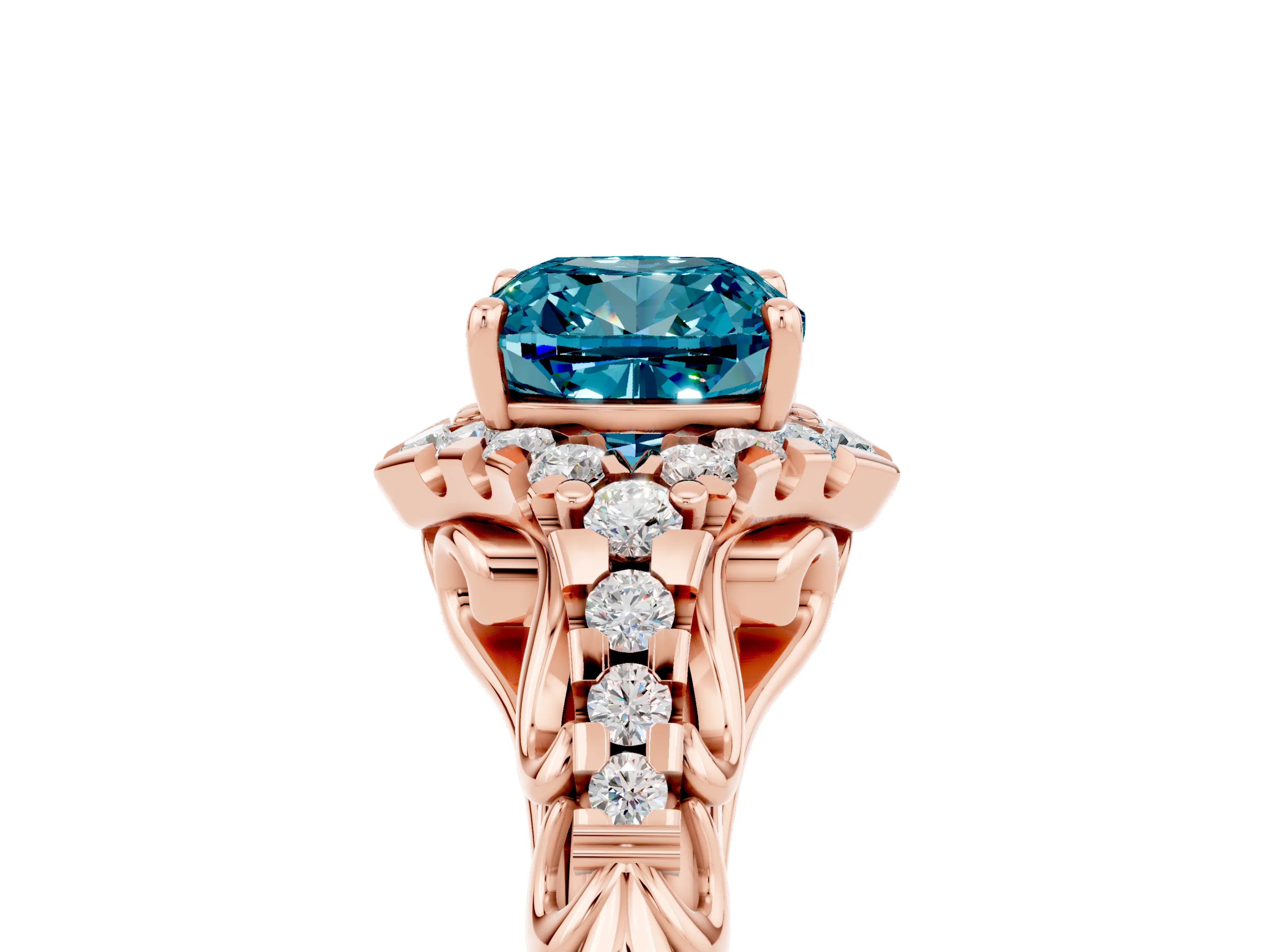 Rose gold Cushion Cut Blue Topaz Solitaire Ring with Hidden Halo and Pavé Band_17