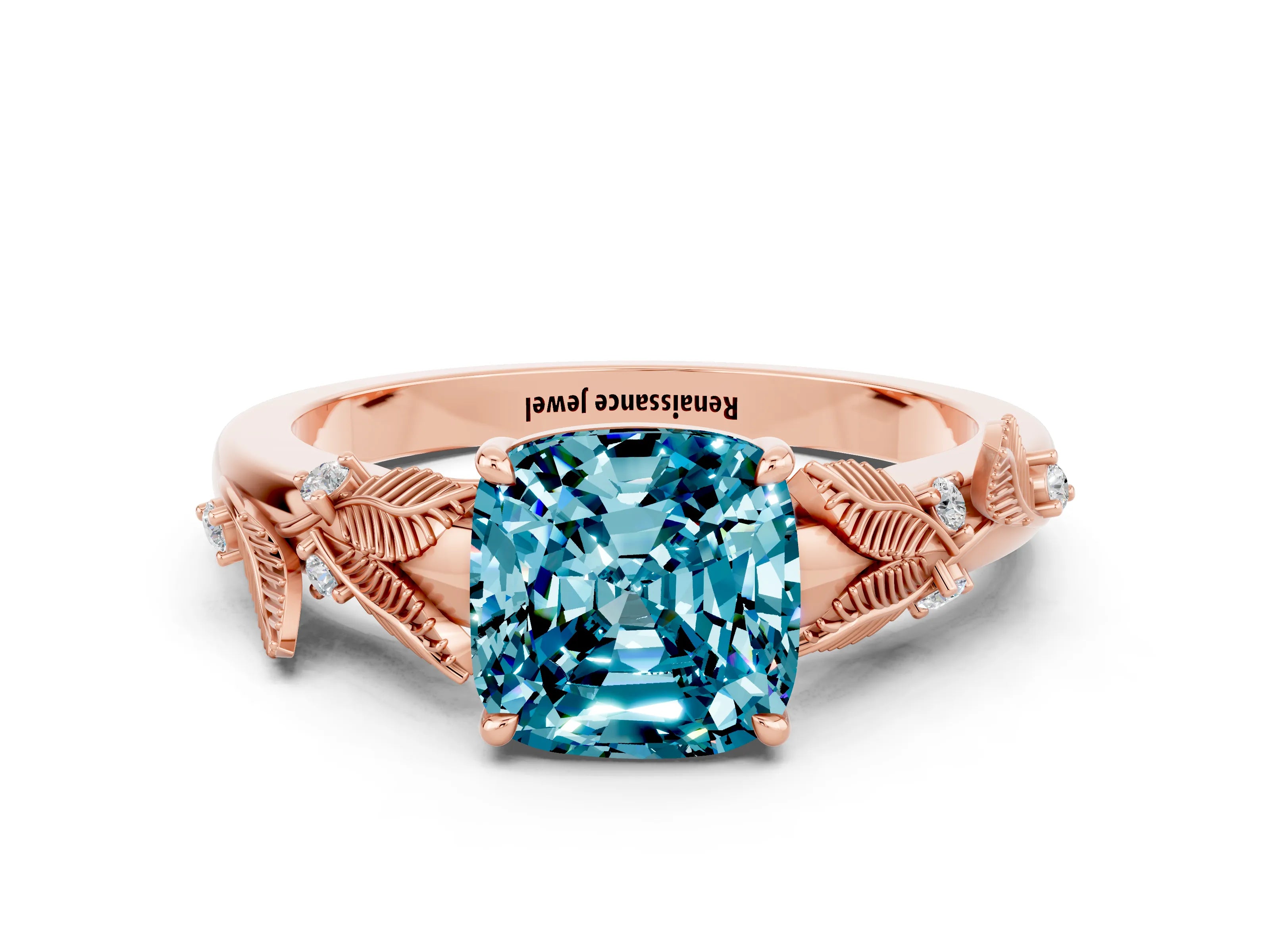 Rose gold Cushion Cut Blue Topaz Solitaire Ring with Leaf Motif Band and Four-Prong Setting