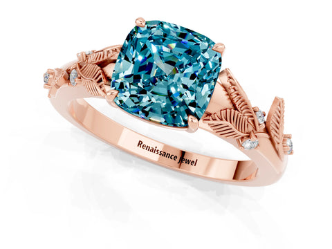 Rose gold Cushion Cut Blue Topaz Solitaire Ring with Leaf Motif Band and Four-Prong Setting_1