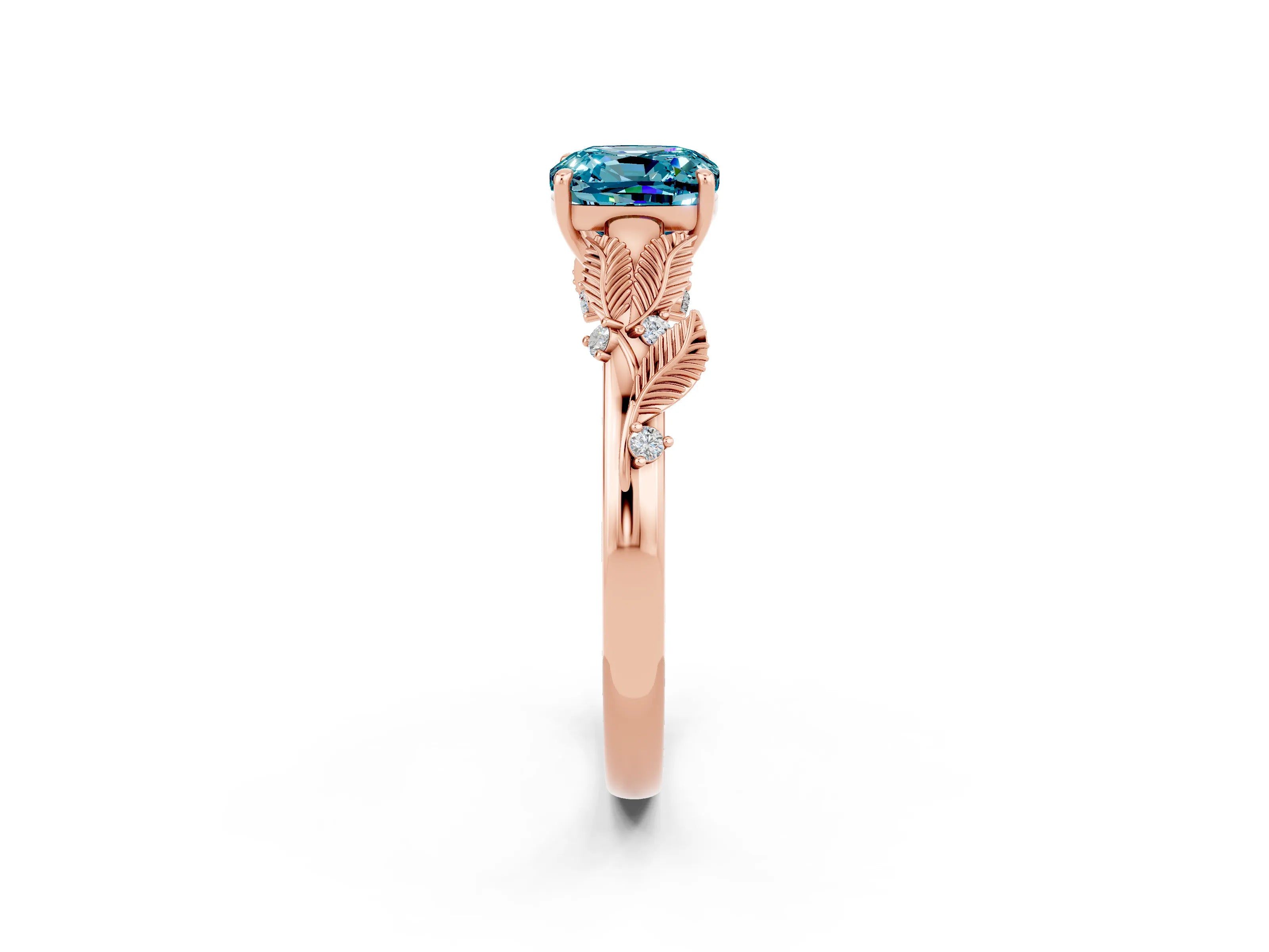 Rose gold Cushion Cut Blue Topaz Solitaire Ring with Leaf Motif Band and Four-Prong Setting_2