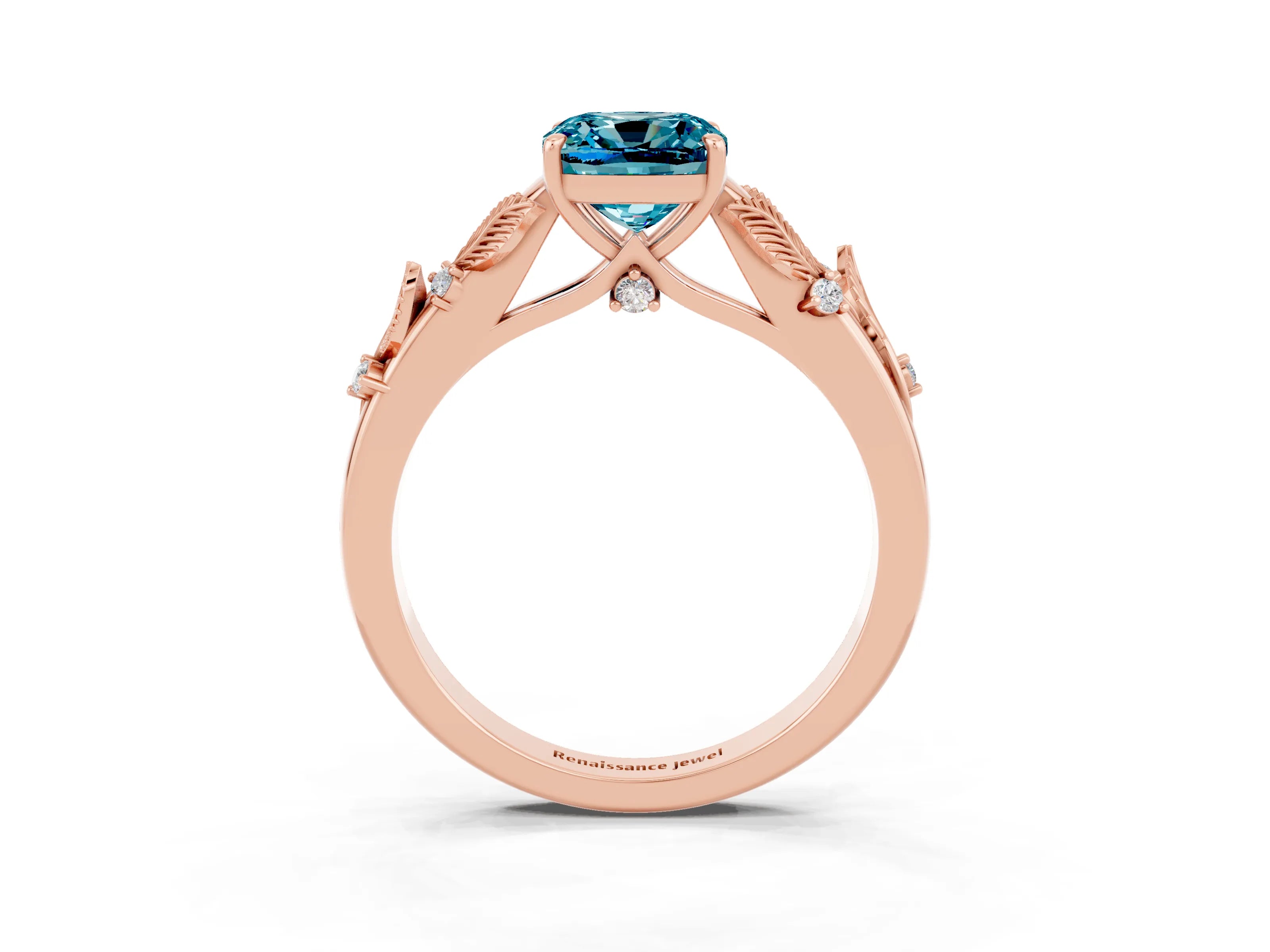 Rose gold Cushion Cut Blue Topaz Solitaire Ring with Leaf Motif Band and Four-Prong Setting_3