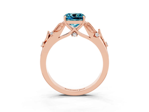 Rose gold Cushion Cut Blue Topaz Solitaire Ring with Leaf Motif Band and Four-Prong Setting