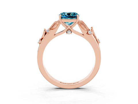 Rose gold Cushion Cut Blue Topaz Solitaire Ring with Leaf Motif Band and Four-Prong Setting_3